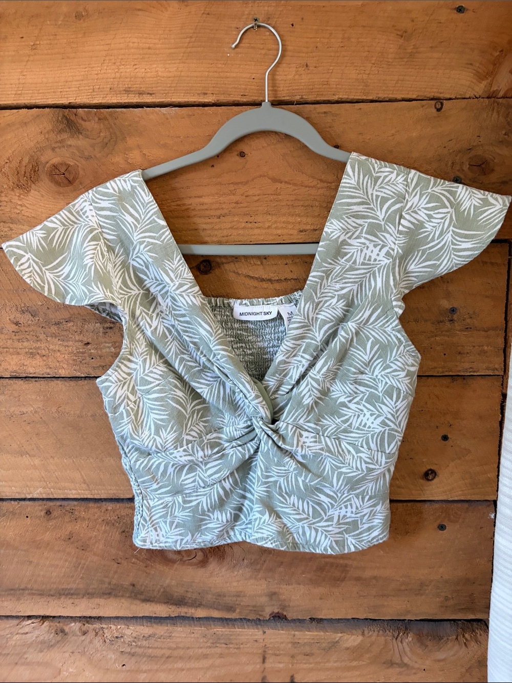 MIDNIGHT Sage Green Leaf-Print Twist Crop Top